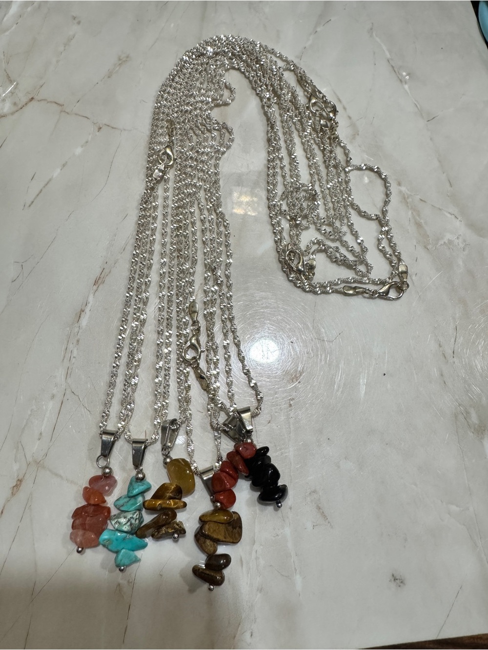 6 pieces Silver Chain Necklace with Natural Stone Chip Pendant - Multicolor